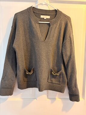 LOFT Gray V-Notch Sweater with Horse-bit Chain-Trim Pockets